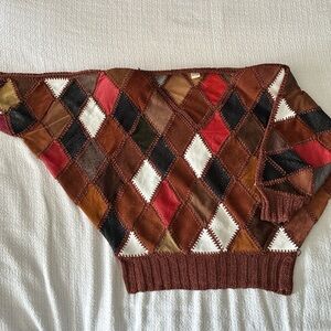 Vintage 1970 Patchwork Leather Diamond Pattern Sweater